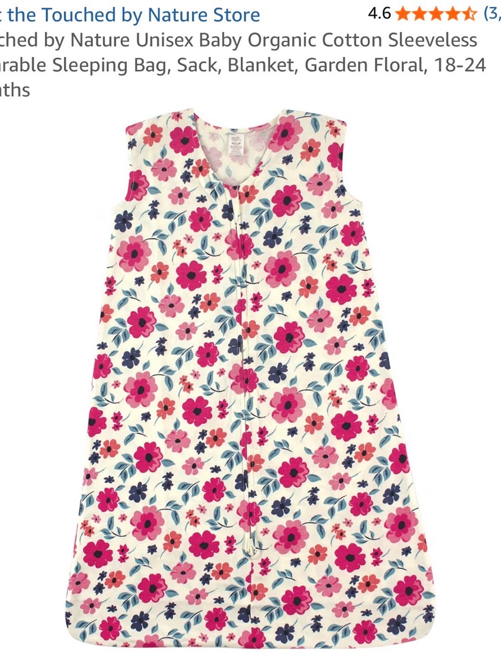 Touched by Nature Organic Cotton Sleeveless Wearable Sleeping Bag, Garden Floral